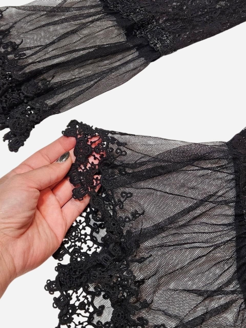 Adore Black Sheer Lace Button-Front Whimsy Blouse with Velvet Tie Bow Fairy Goth - Picture 4 of 4